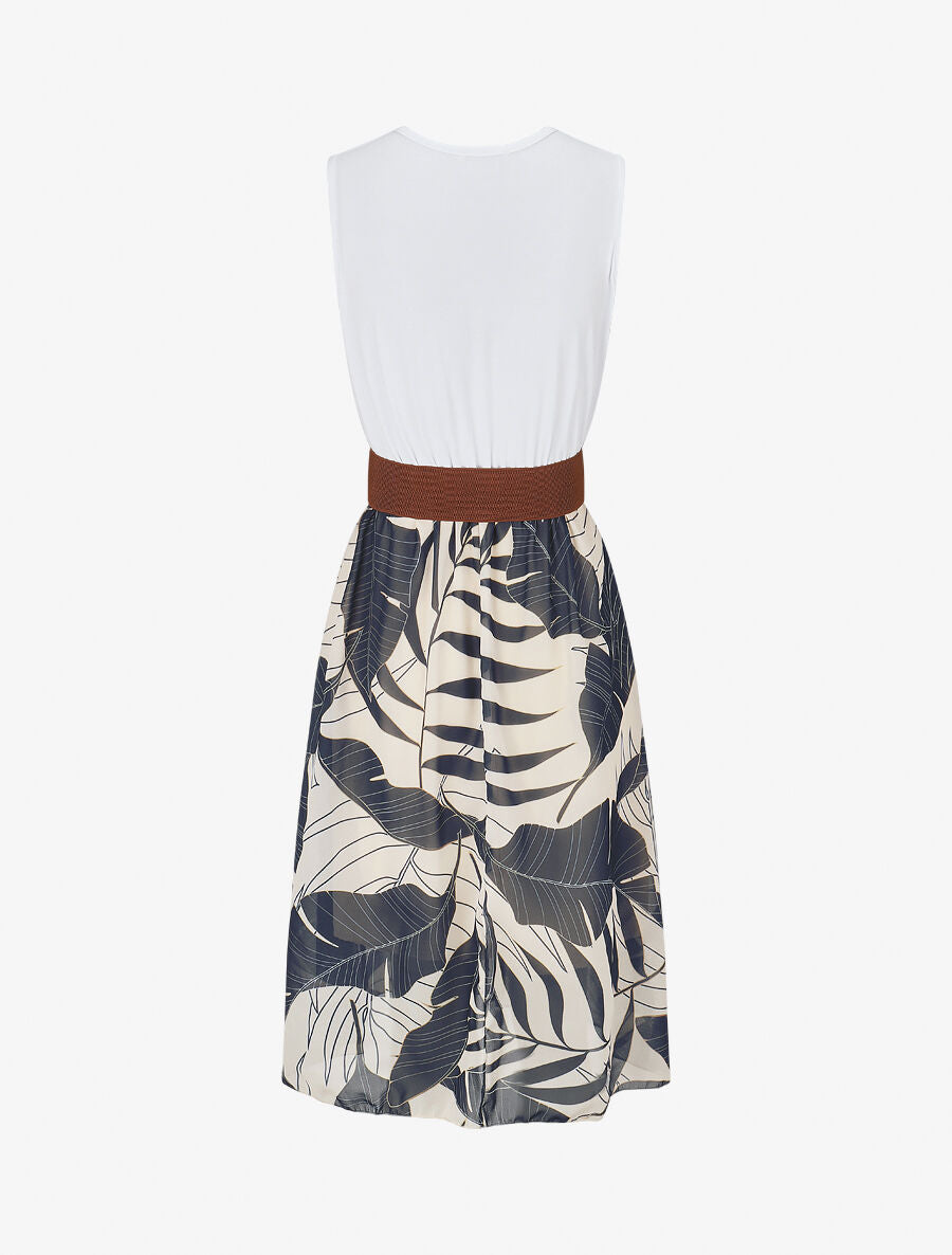 Robe élastiquée à jupe imprimé feuilles - Marine - 2