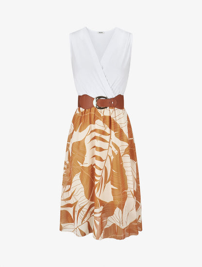 Robe élastiquée à jupe imprimé feuilles - Camel - 4