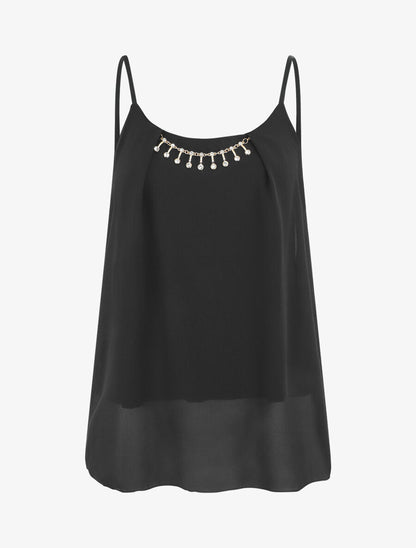 Top uni en voile à bretelles et bijou - Noir - 1