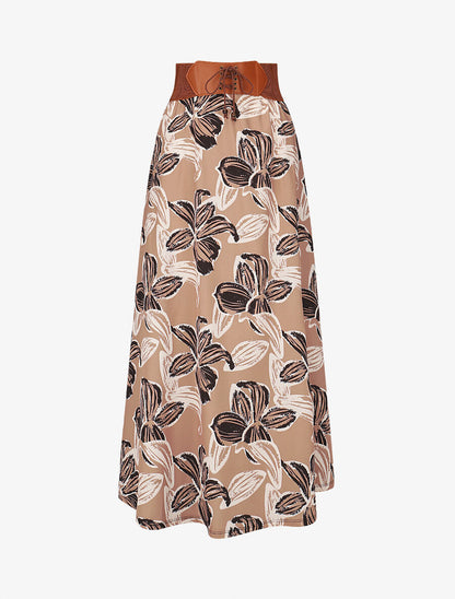 Jupe longue taille haute élastiquée imprimé grandes fleurs - Taupe - 4