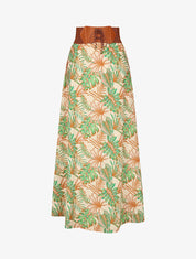 Jupe longue taille haute élastiquée imprimé tropical - Beige - 1