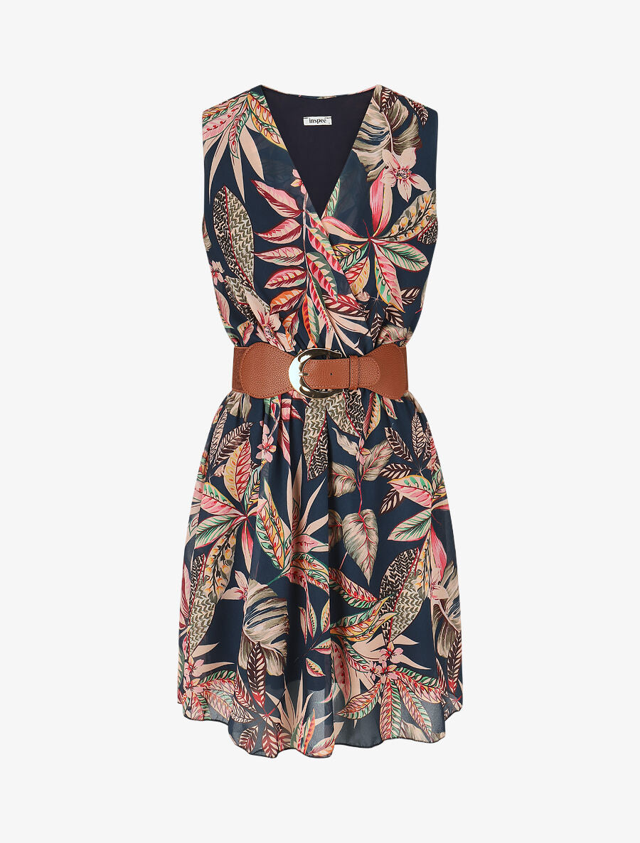 Robe évasée sans manches imprimé floral - Bleu canard - 5