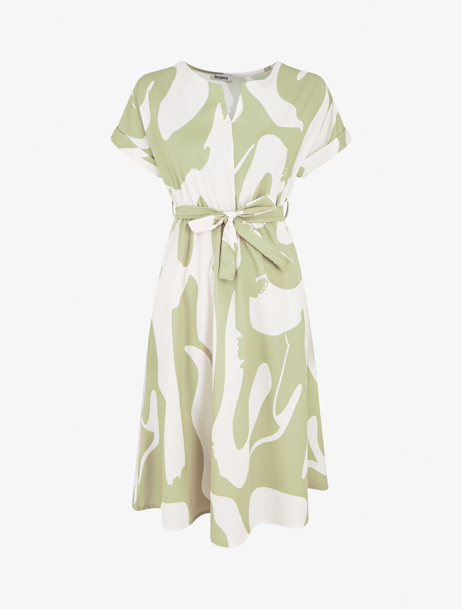 Robe élastiquée imprimé abstrait - Vert anis - 1