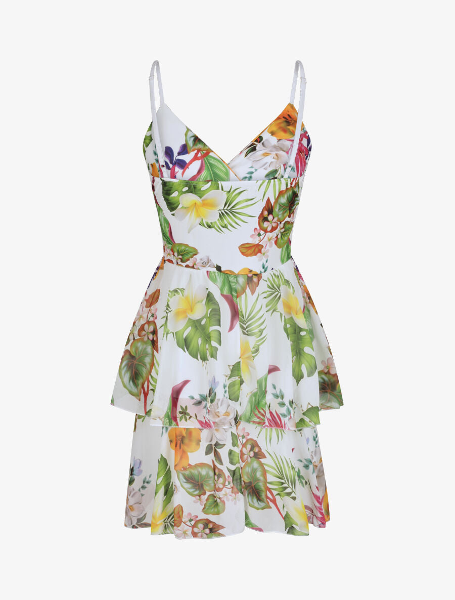 Robe patineuse courte à volants imprimé tropical - Blanc - 2