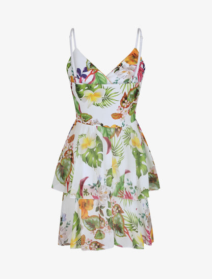 Robe patineuse courte à volants imprimé tropical - Blanc - 2