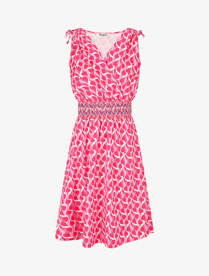 Robe à taille élastiquée imprimé rétro - Fushia - 1