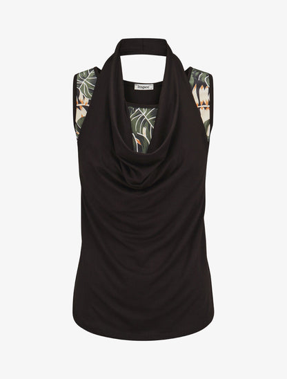 Top ajusté col fantaisie imprimé tropical - Noir - 1