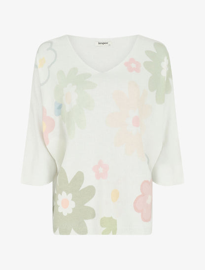 Pull imprimé fleurs à manches chauves-souris - Vert - 1