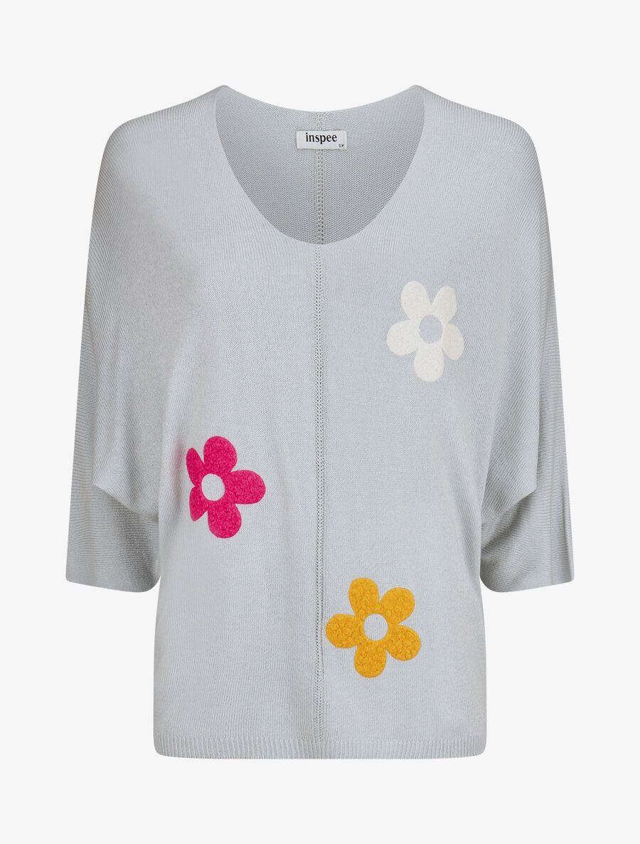 Pull fin à motif trois fleurs - Gris - 4