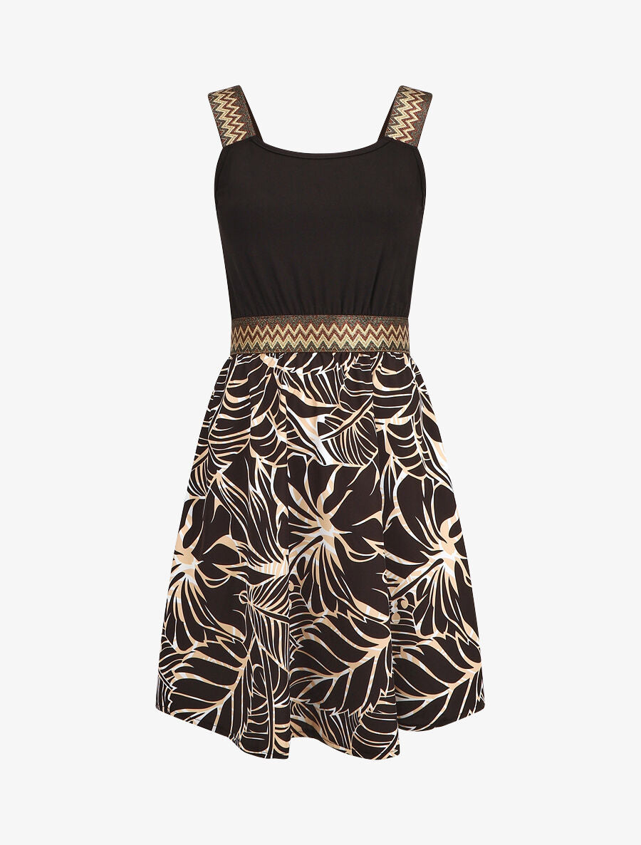 Robe courte tropicale bretelles fantaisies - Noir - 4