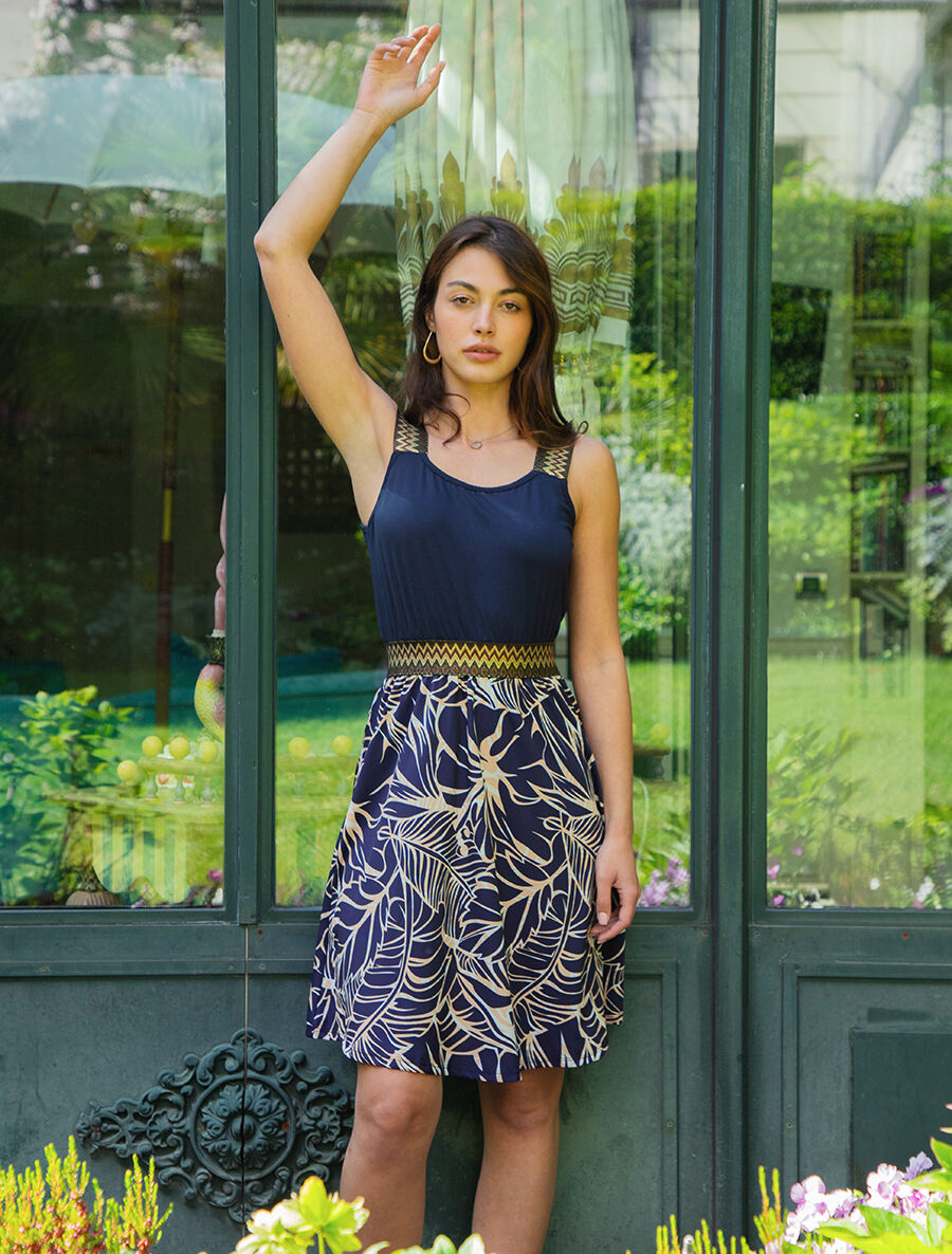 Robe courte tropicale bretelles fantaisies - Marine - 1