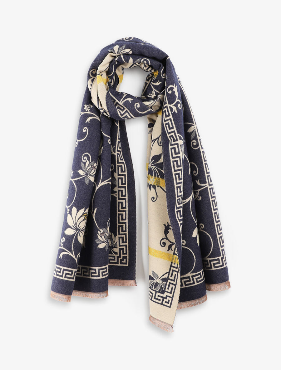 Echarpe en laine mélangée imprimé grec et fleurs - Bleu - 1