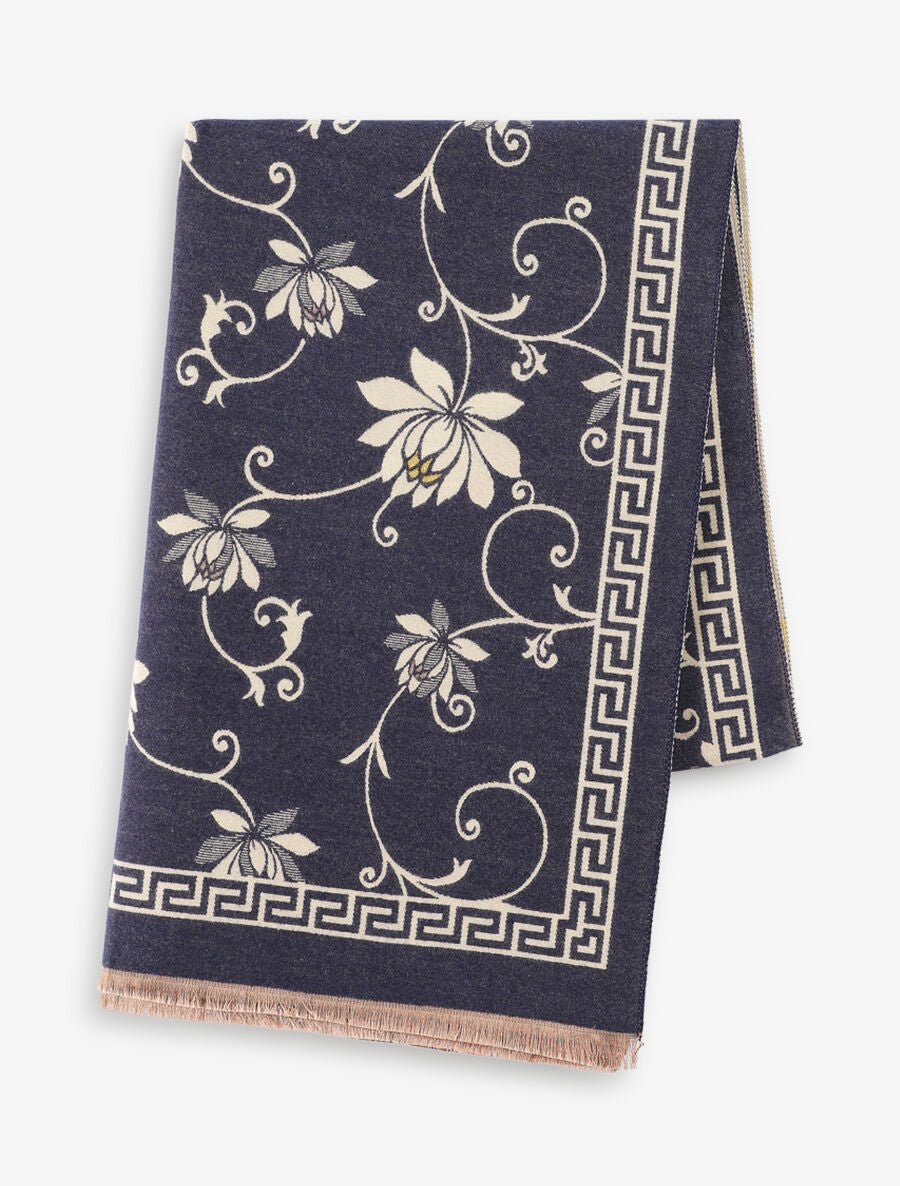 Echarpe en laine mélangée imprimé grec et fleurs - Bleu - 2