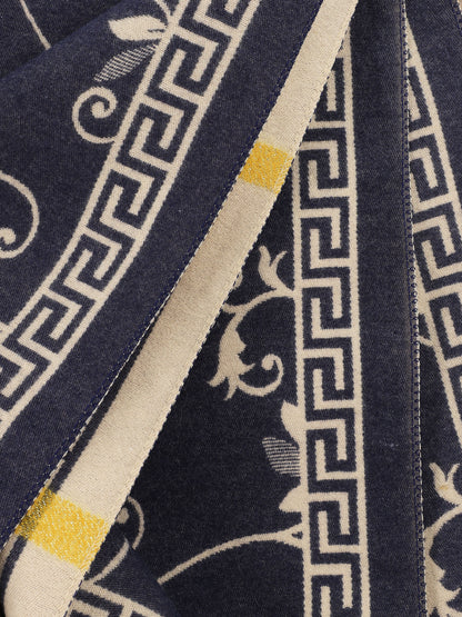 Echarpe en laine mélangée imprimé grec et fleurs - Bleu - 3