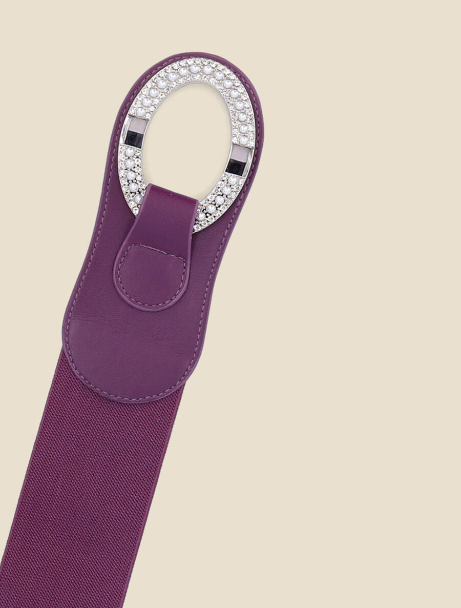 Ceinture bi-matière à boucle ornée de strass et de perles - Violet - 2