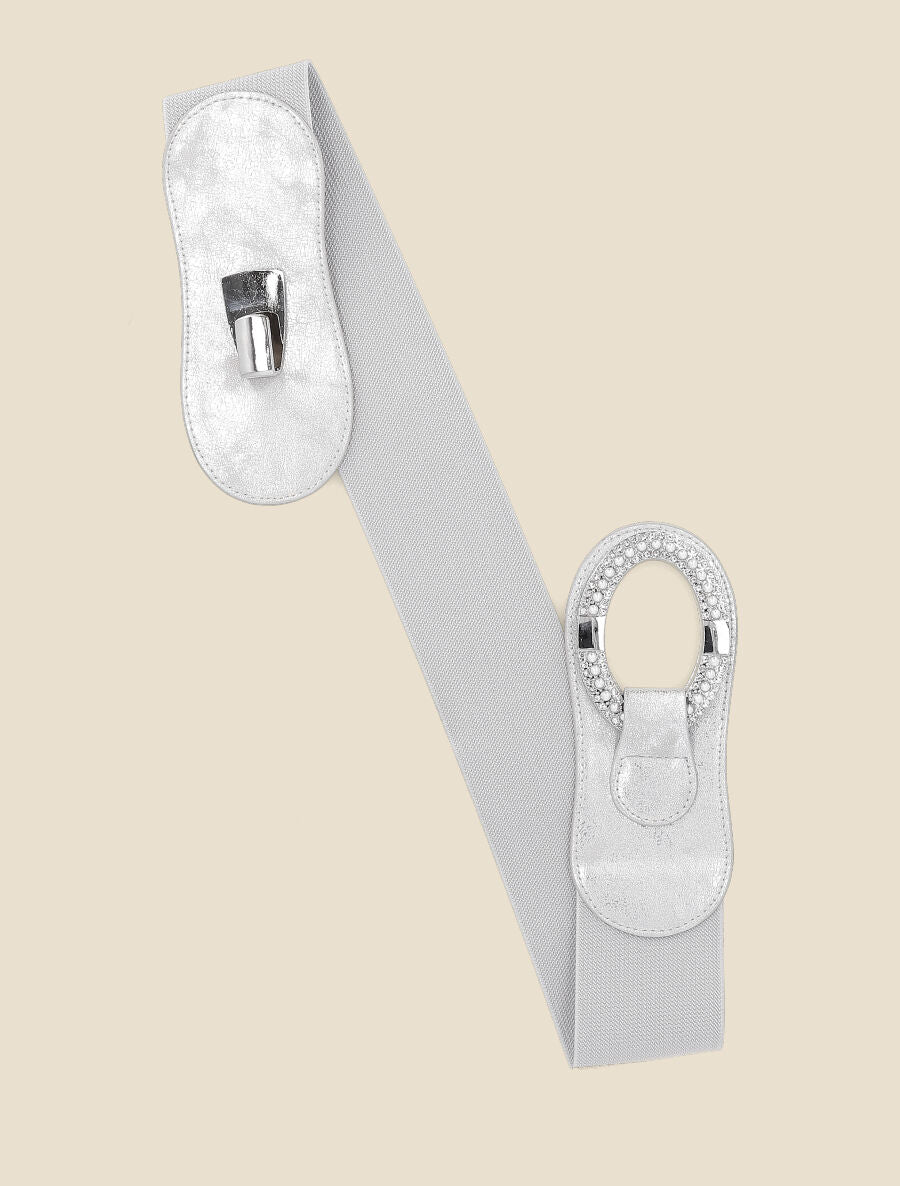 Ceinture bi-matière à boucle ornée de strass et de perles - Argent - 3