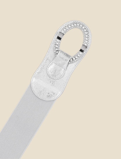 Ceinture bi-matière à boucle ornée de strass et de perles - Argent - 2