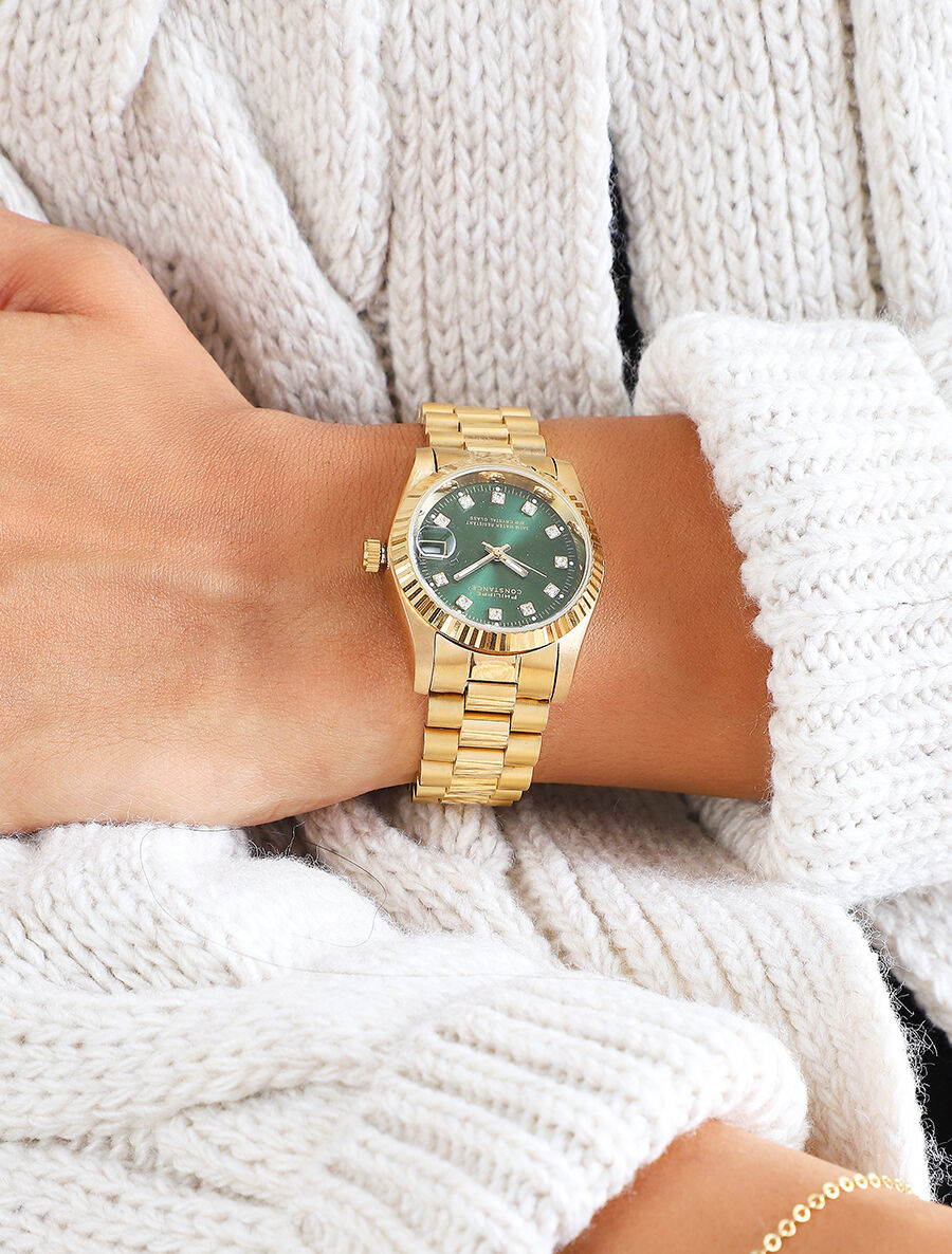 Montre en acier à strass - Vert/or - 1