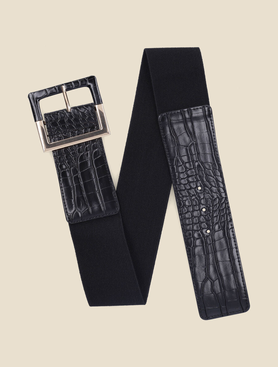 Ceinture croco à boucle carrée - Noir - 1
