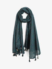 Foulard à imprimé ethnique et pampilles - Bleu canard - 1