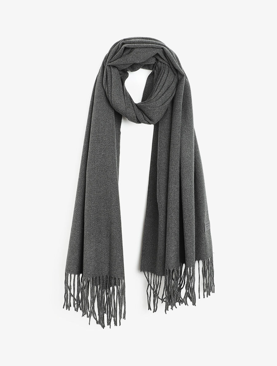 Echarpe en laine mélangée à bords frangés - Gris foncé - 1