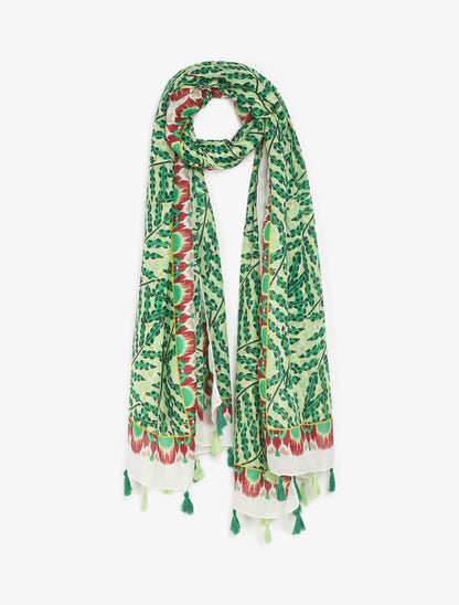 Foulard à pompons imprimé feuilles stylisées - Vert - 4