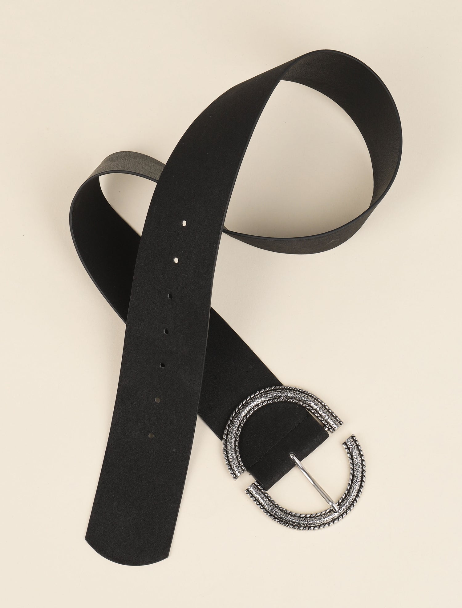 Ceinture à boucle métallique ovale gravé - Noir - 1