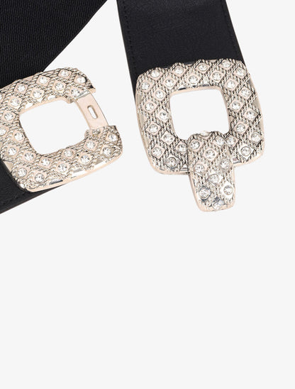 Ceinture élastiquée à boucle carrée à strass - Noir/argenté - 2