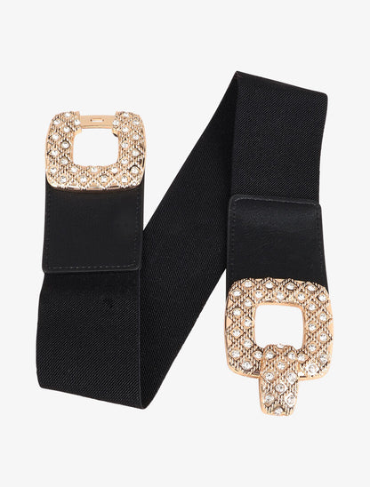 Ceinture élastiquée à boucle carrée à strass - Noir/doré - 3