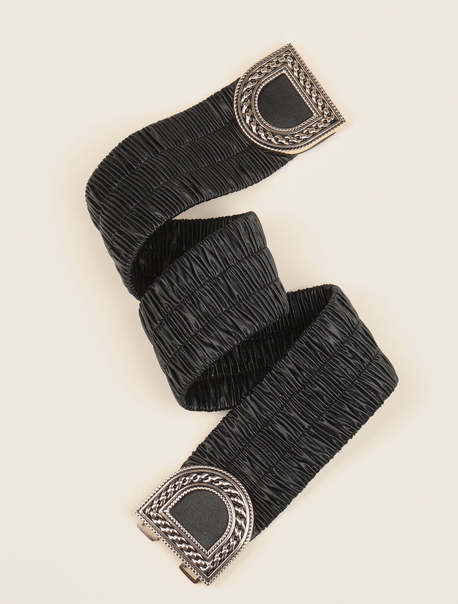 Ceinture plissée à boucle ovale style maillon - Noir/dorée - 1