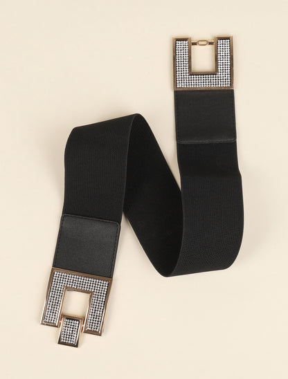 Ceinture stretch à boucles rectangulaires à strass - Noir - 2