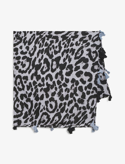 Foulard à imprimé léopard et pampilles - Gris - 2
