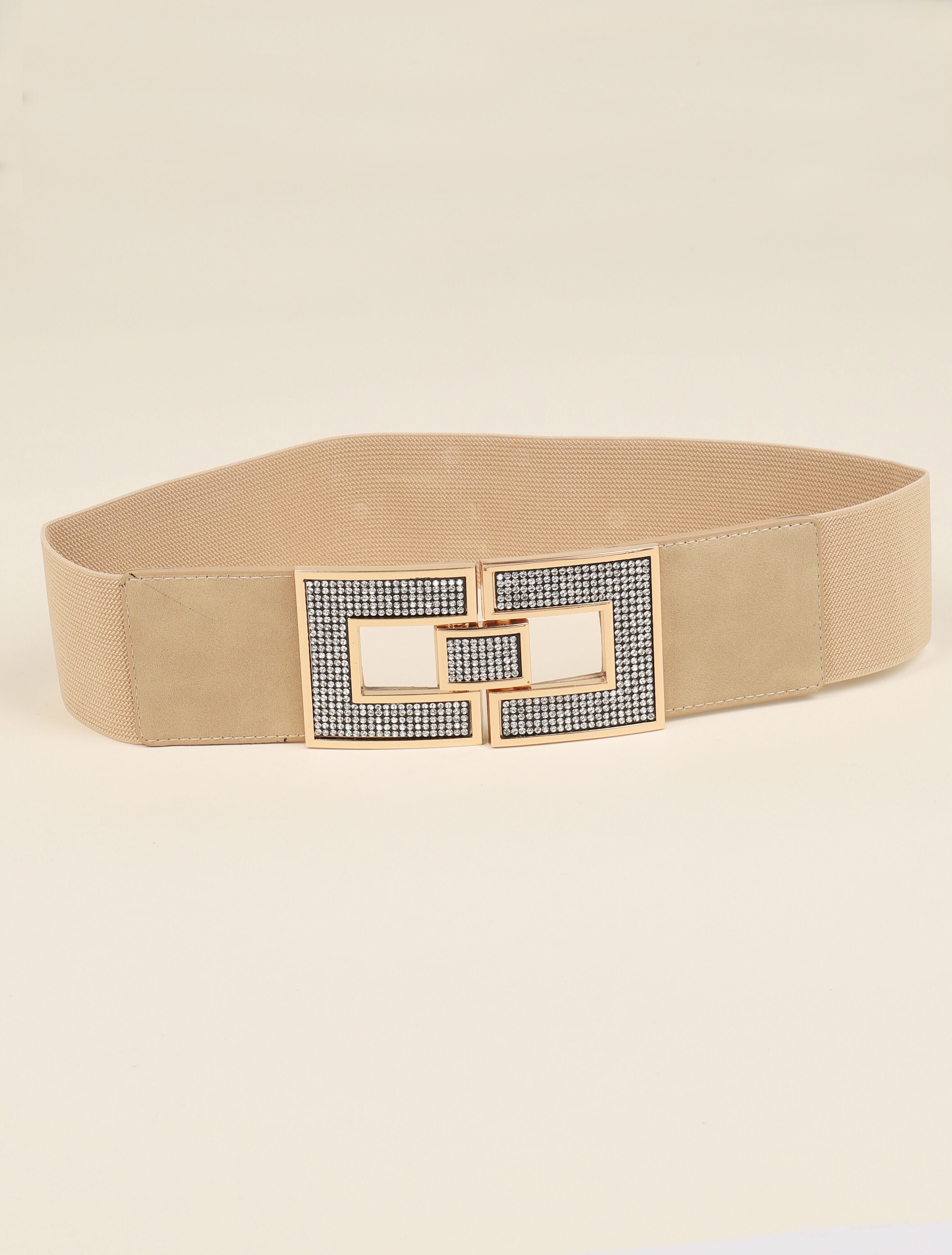 Ceinture stretch à boucles rectangulaires à strass - Beige - 1
