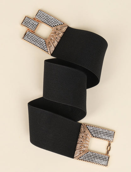 Ceinture stretch à boucles rectangulaires texturées à strass - Noir/dorée - 1
