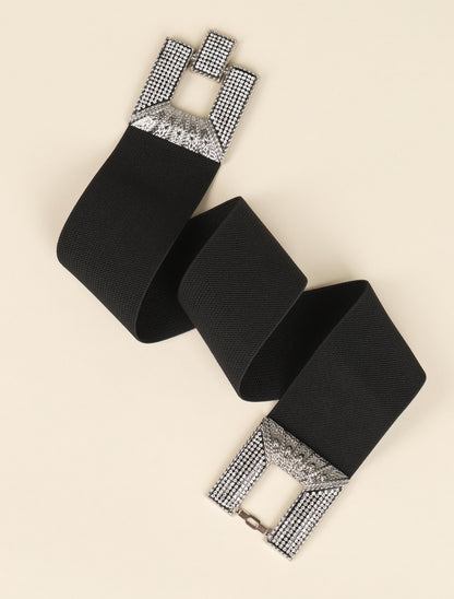 Ceinture stretch à boucles rectangulaires texturées à strass - Noir/argentée - 2