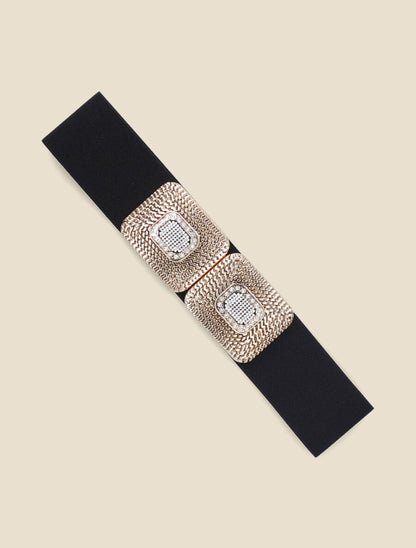 Ceinture élastiquée double boucles à strass - Noir/or - 2