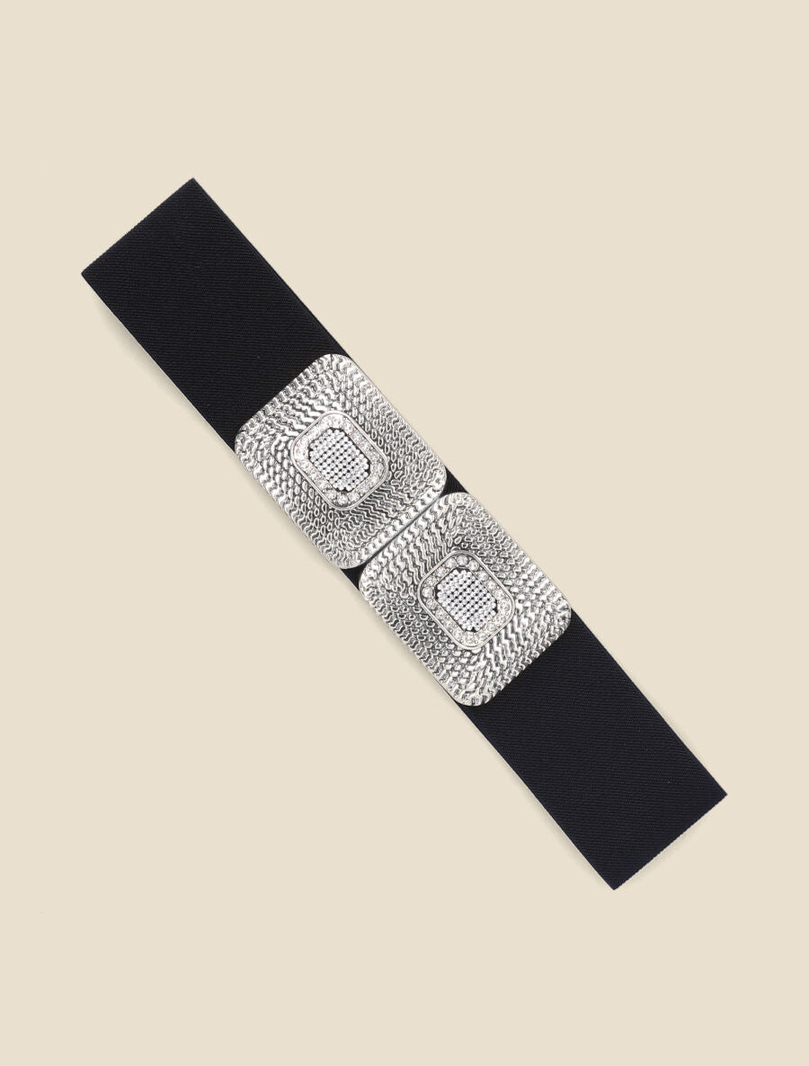 Ceinture élastiquée double boucles à strass - Noir/argent - 2