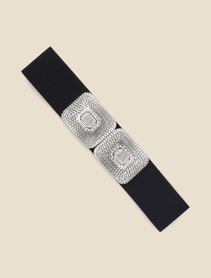 Ceinture élastiquée double boucles à strass - Noir/argent - 2