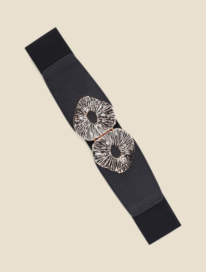 Ceinture élastiquée double boucles fantaisies - Noir/or - 1