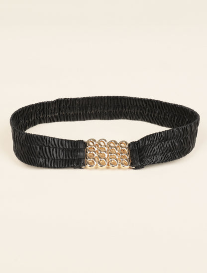 Ceinture plissée à boucle rectangulaire style maillon - Noir/dorée - 2