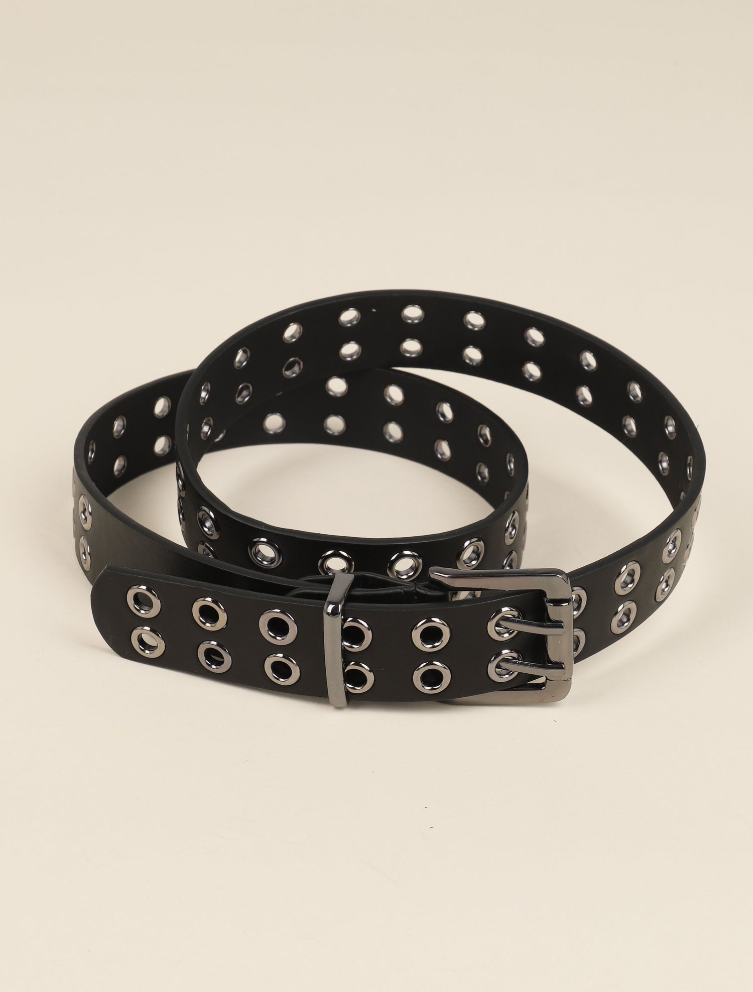Ceinture en simili à oeillets et double ardillon - Noir/argentée - 1