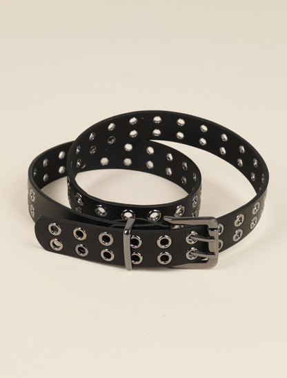 Ceinture en simili à oeillets et double ardillon - Noir/argentée - 1