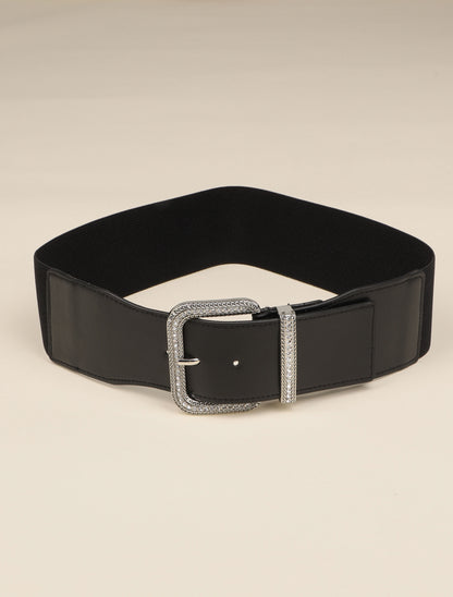 Ceinture élastiquée à boucle carrée strassée - Noir/argentée - 2