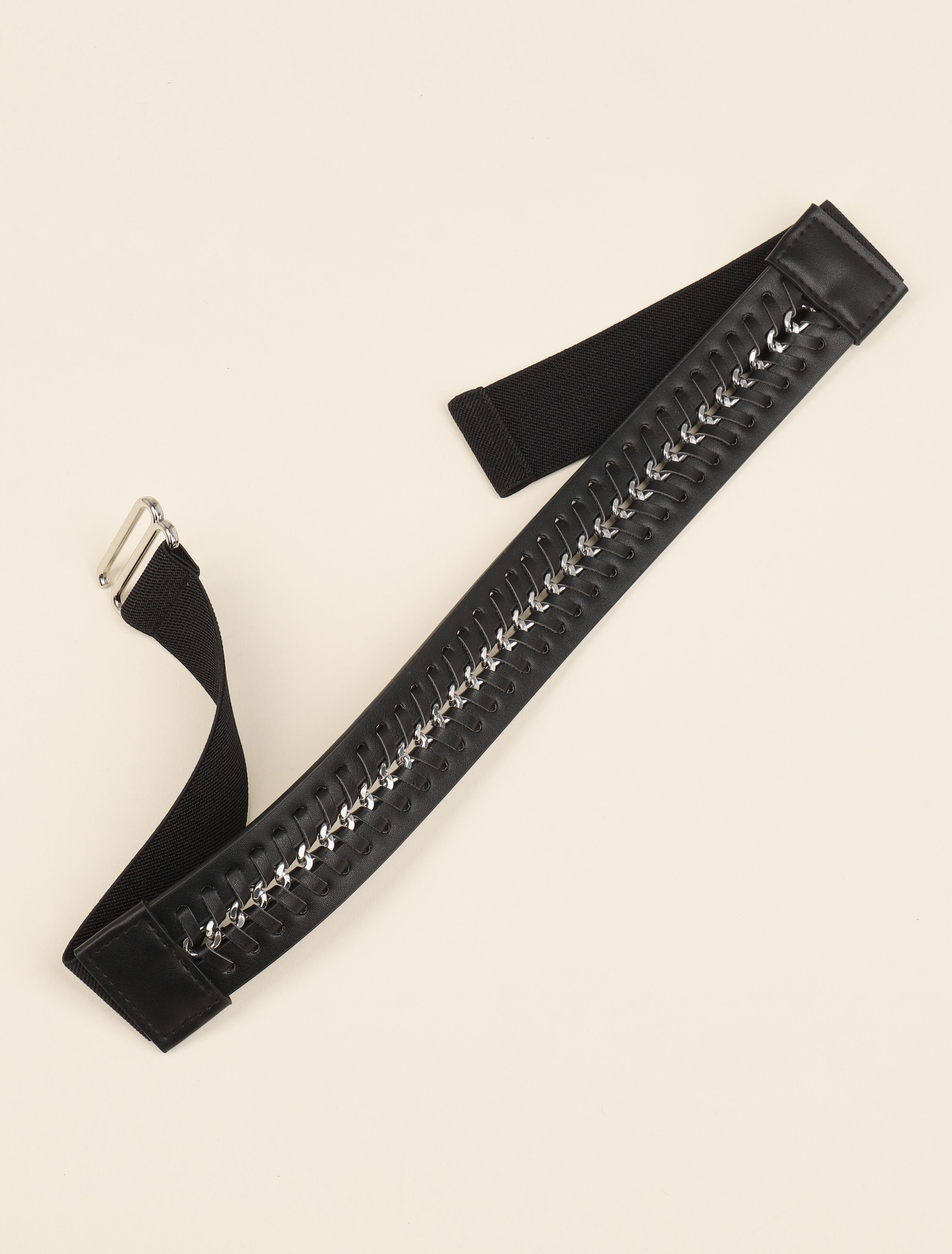 Ceinture élastiquée en macramé et chaîne - Noir/argentée - 2