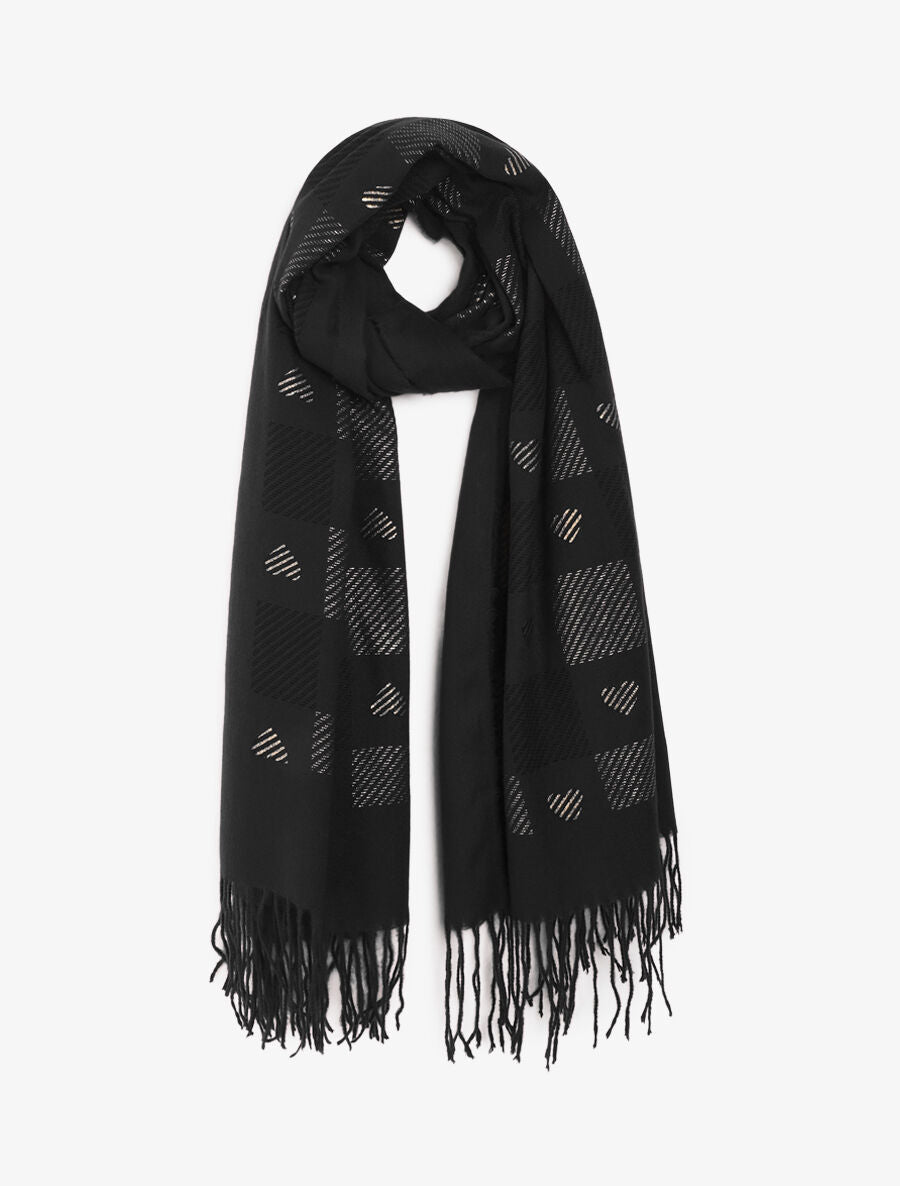 Echarpe à carreaux et motif coeur - Noir - 1