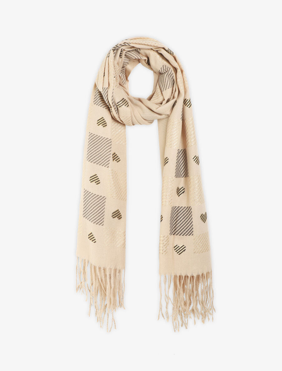 Echarpe à carreaux et motif coeur - Beige - 1