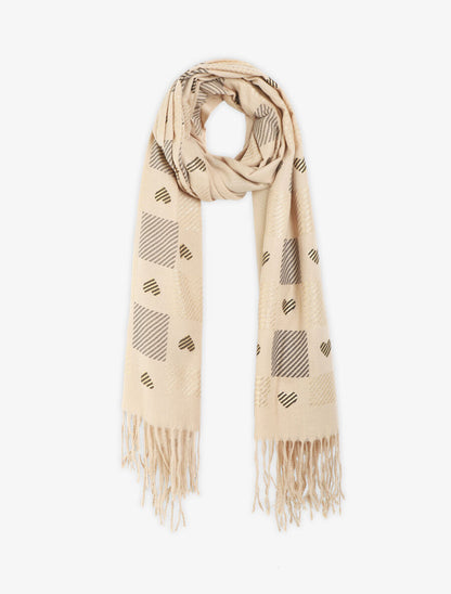 Echarpe à carreaux et motif coeur - Beige - 1