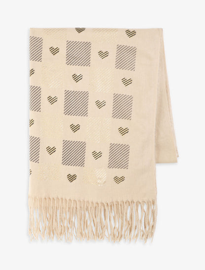 Echarpe à carreaux et motif coeur - Beige - 2
