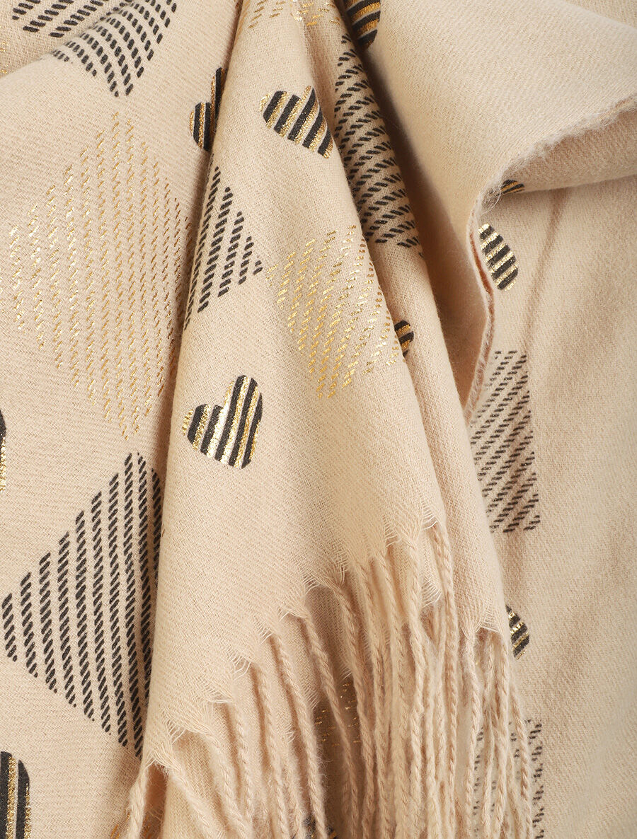 Echarpe à carreaux et motif coeur - Beige - 3