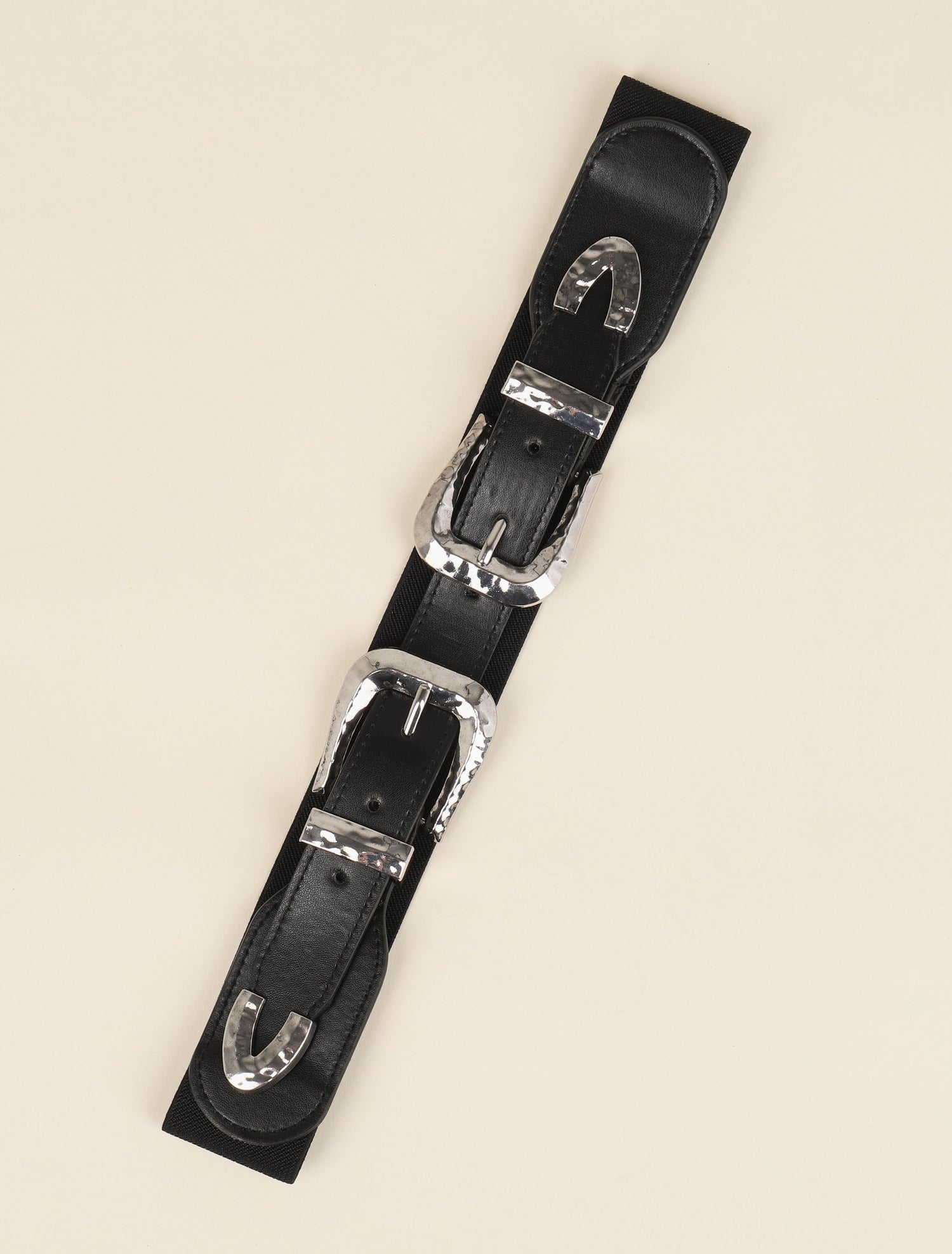 Ceinture à double boucles martelées - Noir/argentée - 2